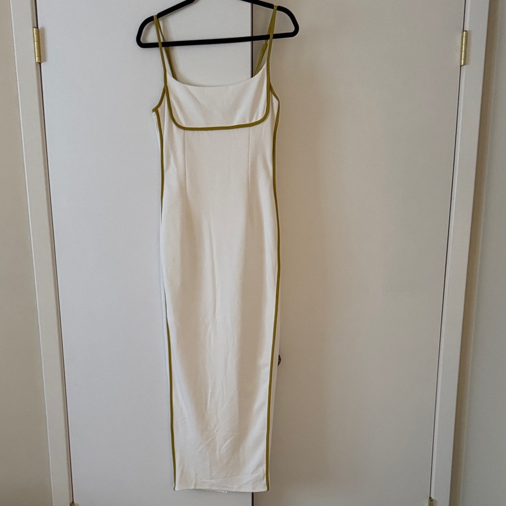 Bodycon White Midi Dress with Olive Trim